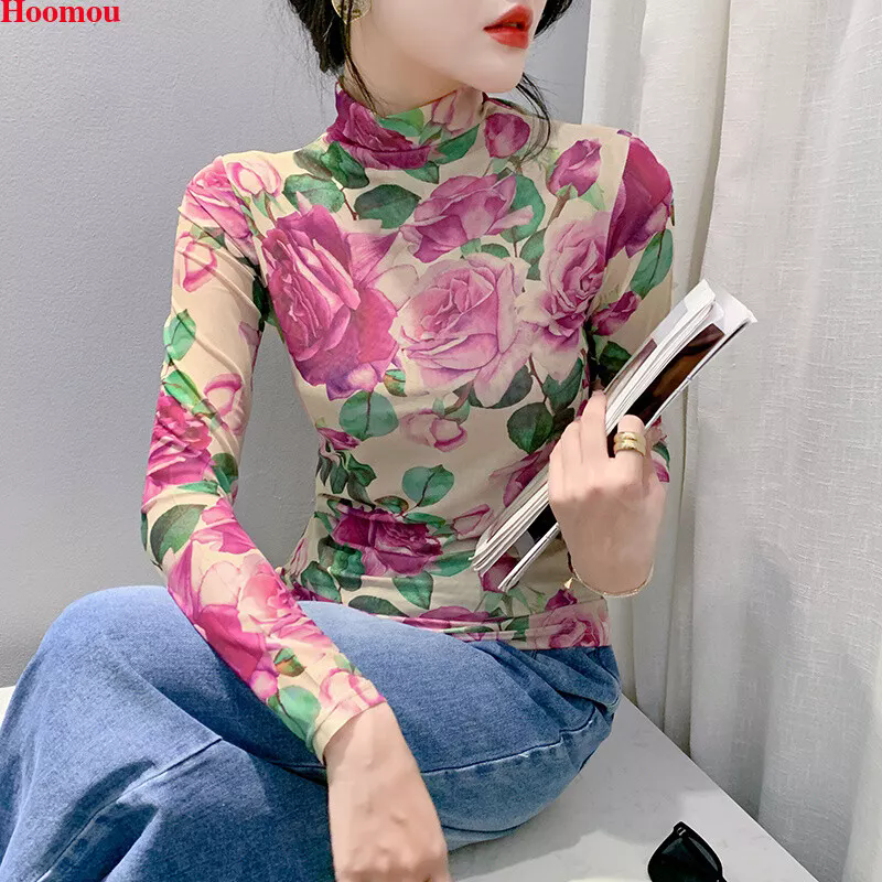 Western Women Retro Flower High Neck Mesh Slim Pullover Basic Tops Blouse Shirts